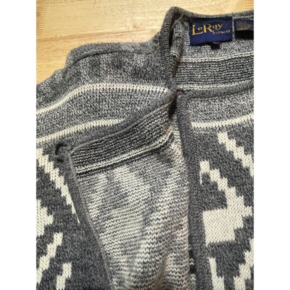 Vintage LeRoy Knitwear Geometric Retro Cardigan Sweater Gray Black 80s Taiwan SM - Picture 7 of 12